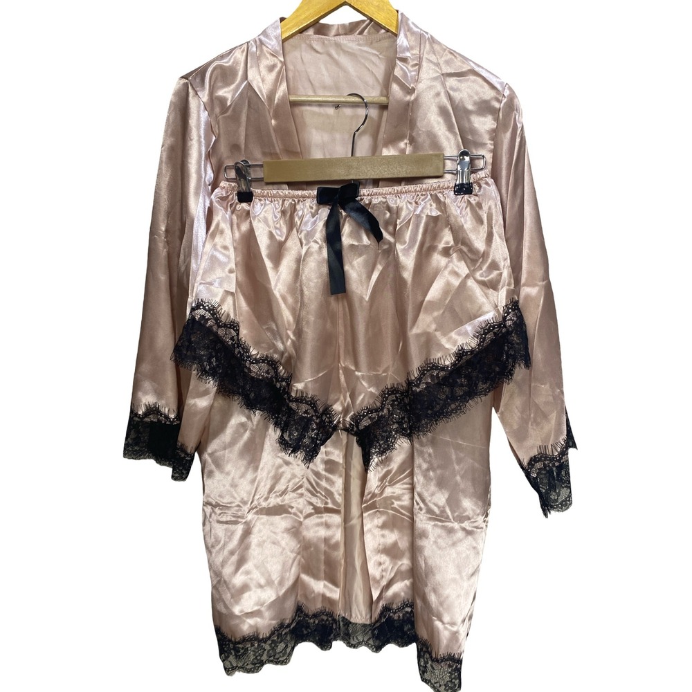 Pink Satin Robe and Shorts Pajama Set with Black Eyelash Lace Trim Size 4 Chic